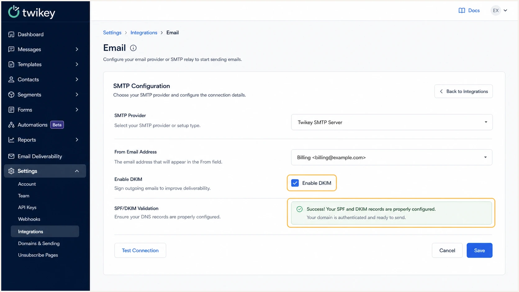Twikey DKIM enabled with successful validation