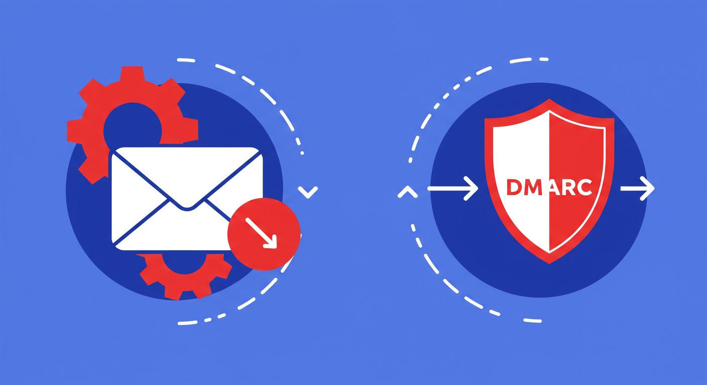 A settings gear icon on the left transitions into a shield icon on the right, representing the process of fixing a DMARC setting.
