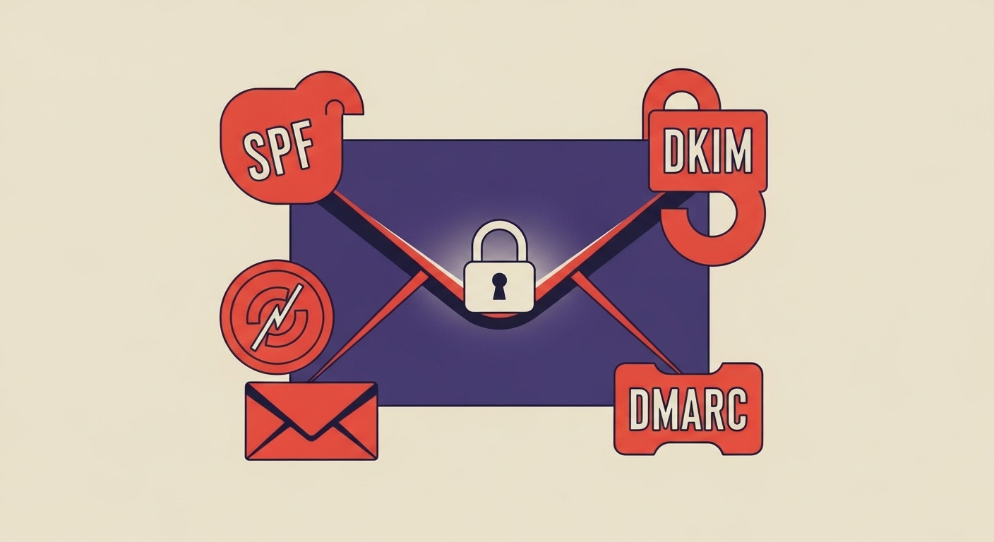 Secure email envelope with SPF, DKIM, DMARC symbols, illustrating email security