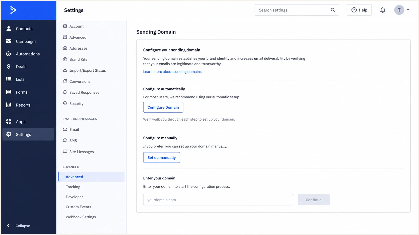ActiveCampaign Advanced settings showing Sending Domain setup options