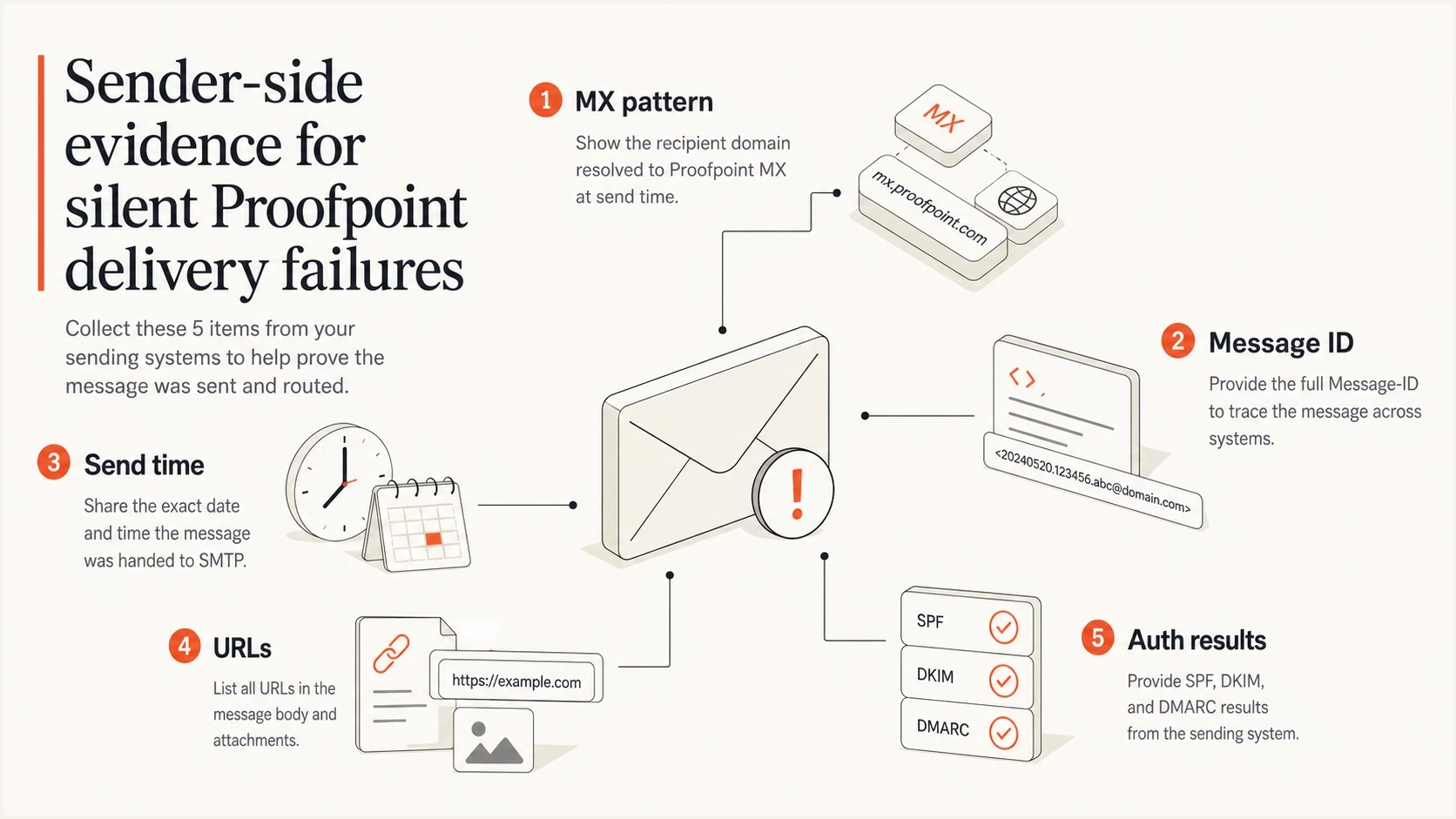 A Proofpoint troubleshooting evidence map with MX, message ID, time, URL, and authentication checks.