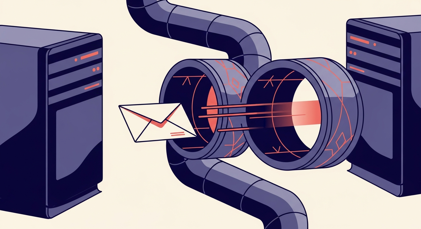 An illustration of an email being securely transferred between two mail servers using an encrypted connection.