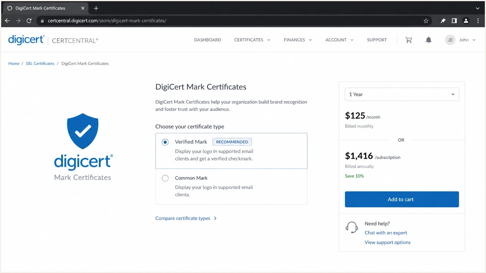 DigiCert Mark Certificates pricing screen for VMC and CMC options.