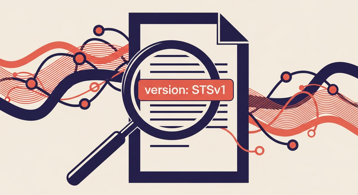 A magnifying glass inspecting an MTA-STS policy, highlighting the correct version field for validation.
