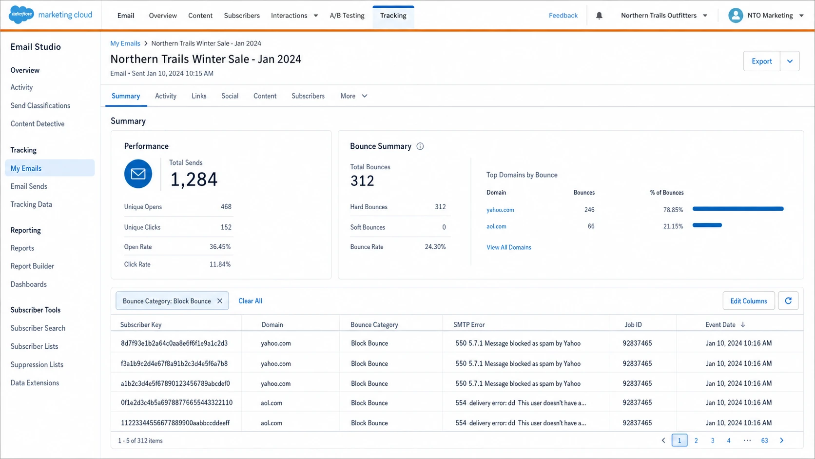 Salesforce Marketing Cloud bounce tracking filtered to Yahoo and AOL block bounces.