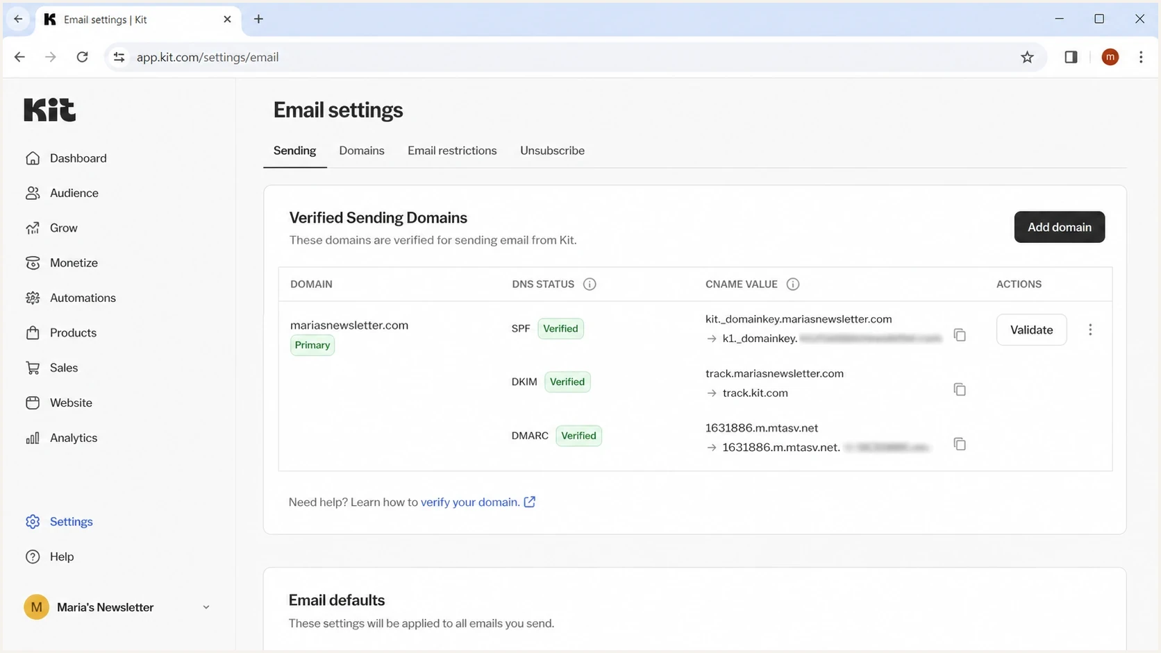 Kit Email settings for a verified sending domain and DNS validation