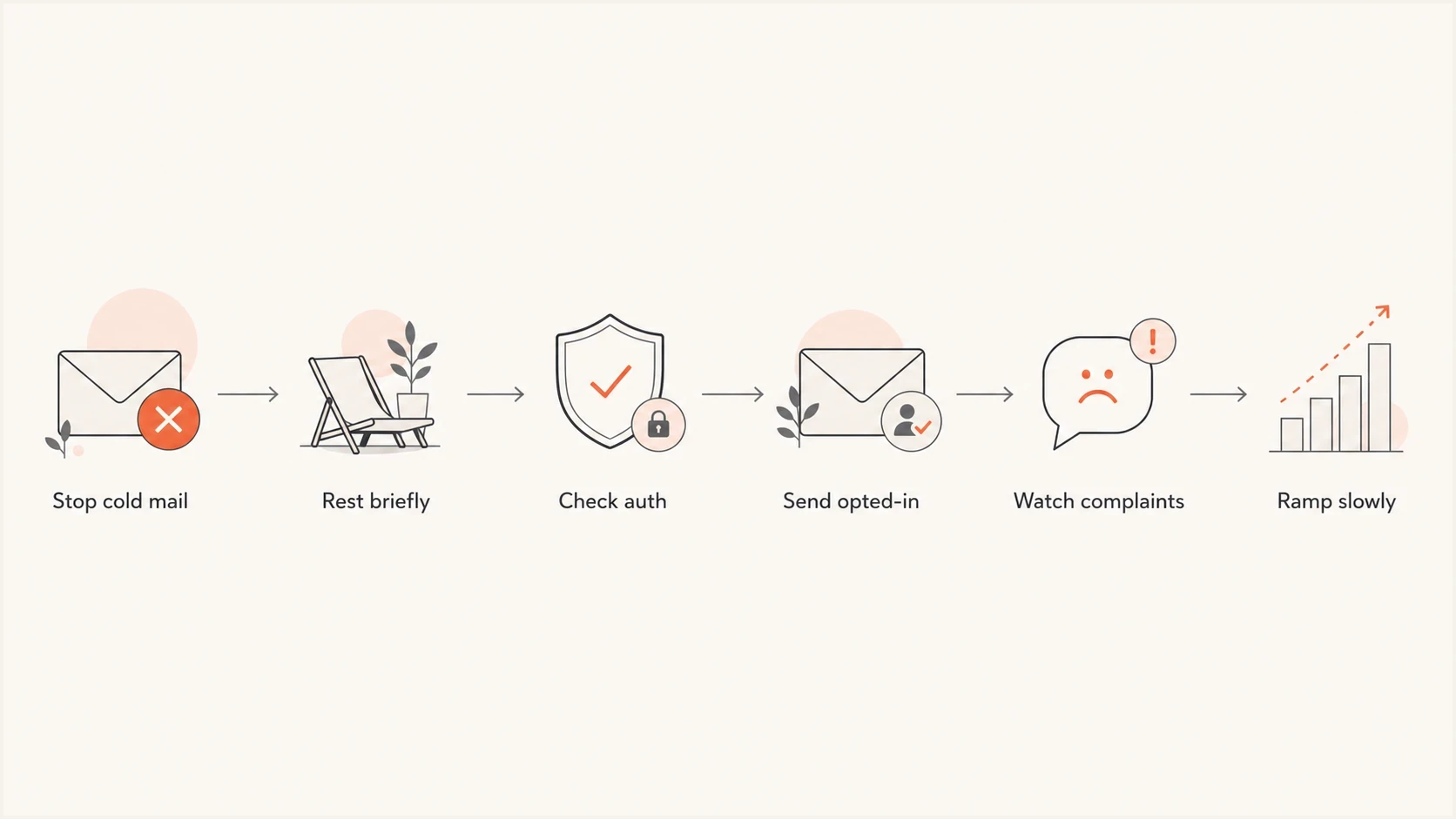 Reputation recovery flowchart for stopping cold mail, checking authentication, and ramping slowly.