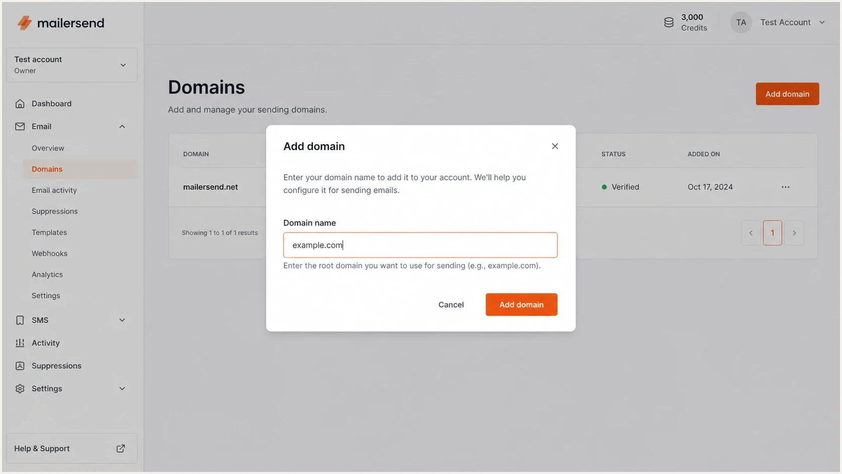 MailerSend Add domain dialog with example.com entered