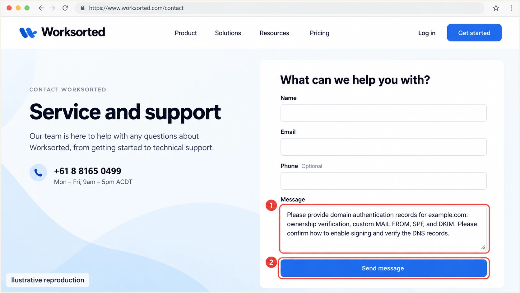 Illustrative reproduction of the Worksorted public support form for requesting domain authentication.