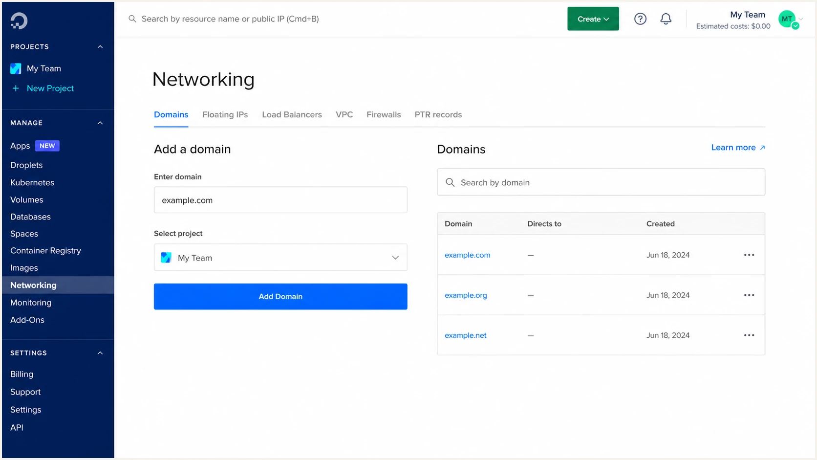 DigitalOcean Domains page with the add-domain form open