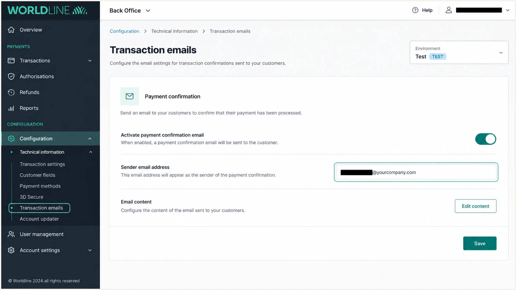 Worldline legacy Back Office transaction email settings