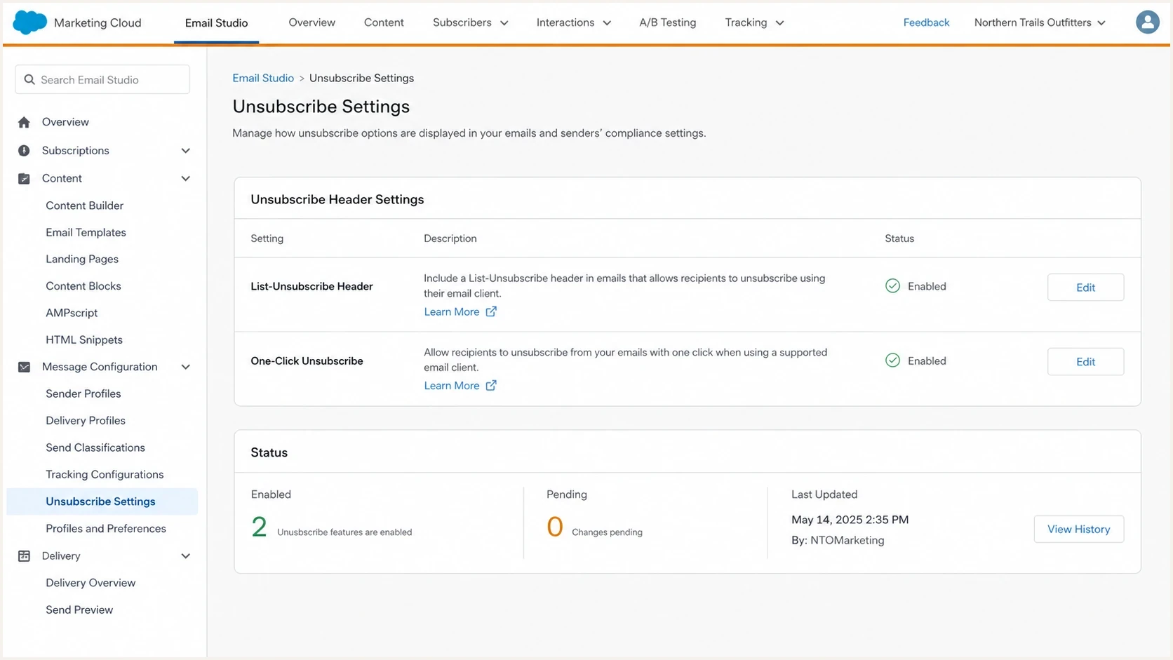Email platform settings screen showing List-Unsubscribe and one-click unsubscribe header controls.