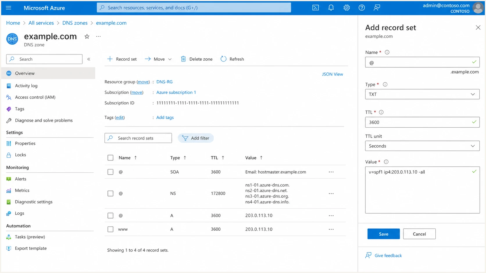 Azure DNS SPF TXT record form