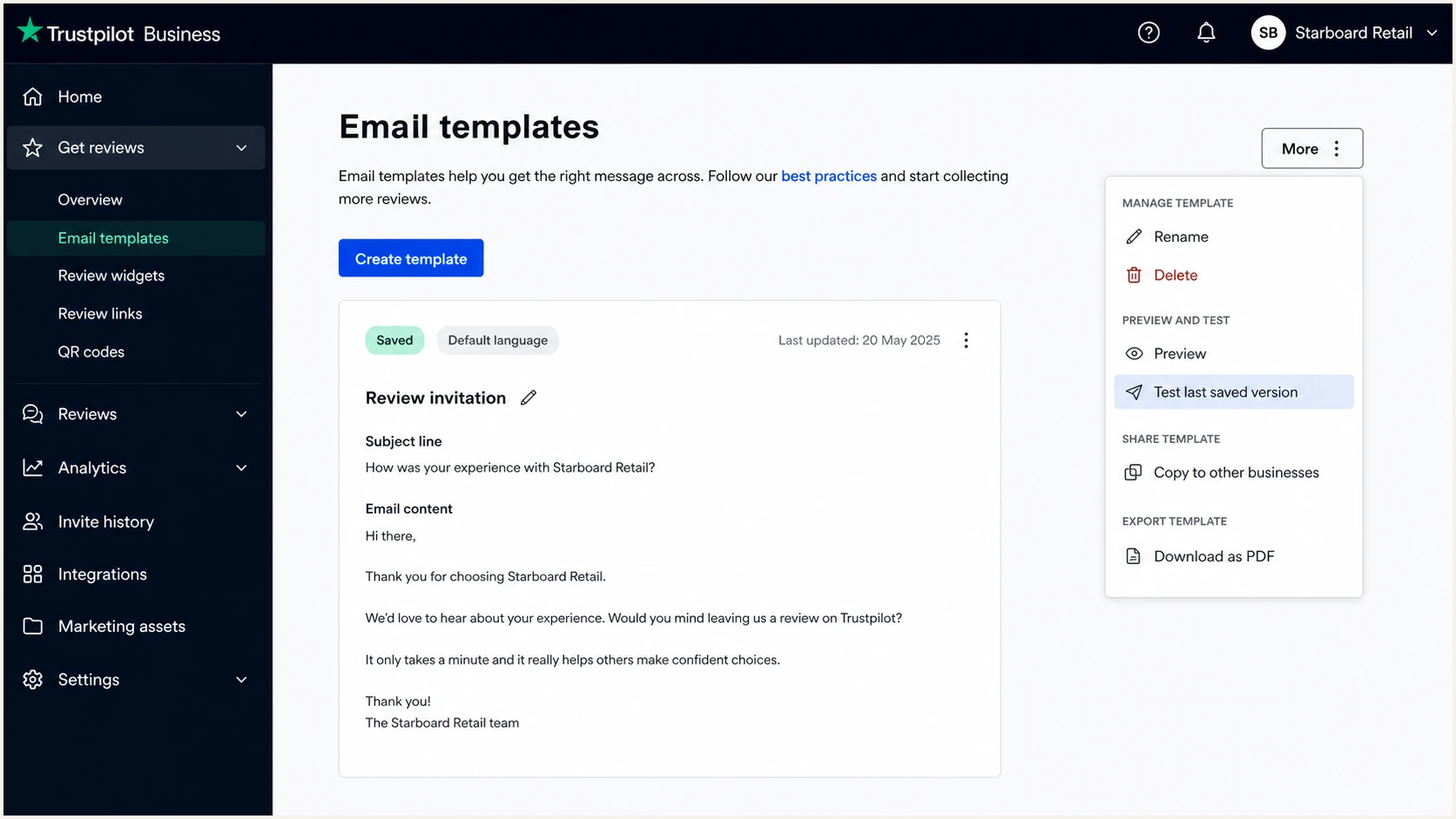 Trustpilot email template menu with the test invitation action
