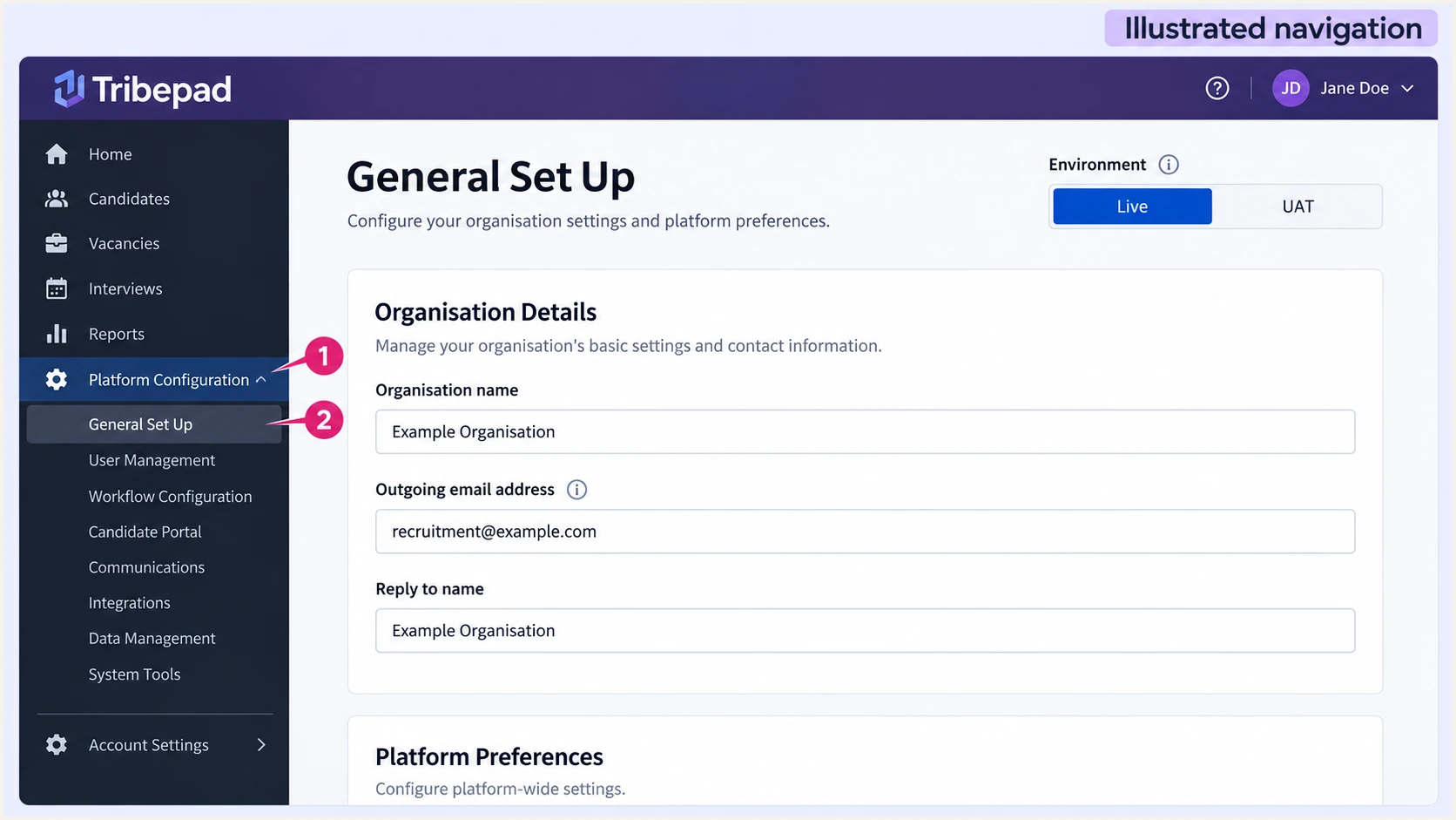 Illustrated Tribepad Manage navigation to the sender address in General Set Up.