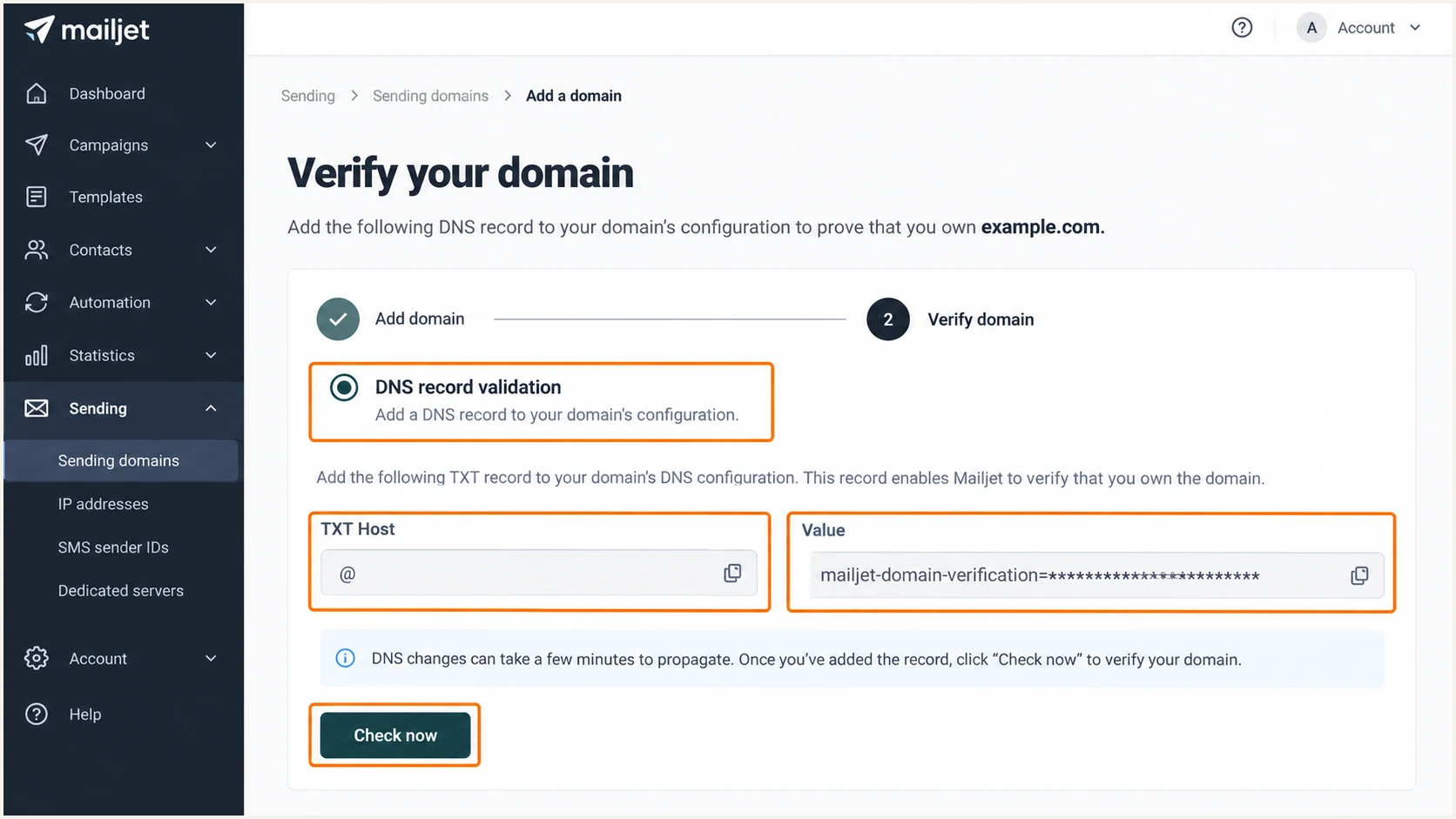 Illustration of Mailjet's DNS domain validation fields and Check now action.