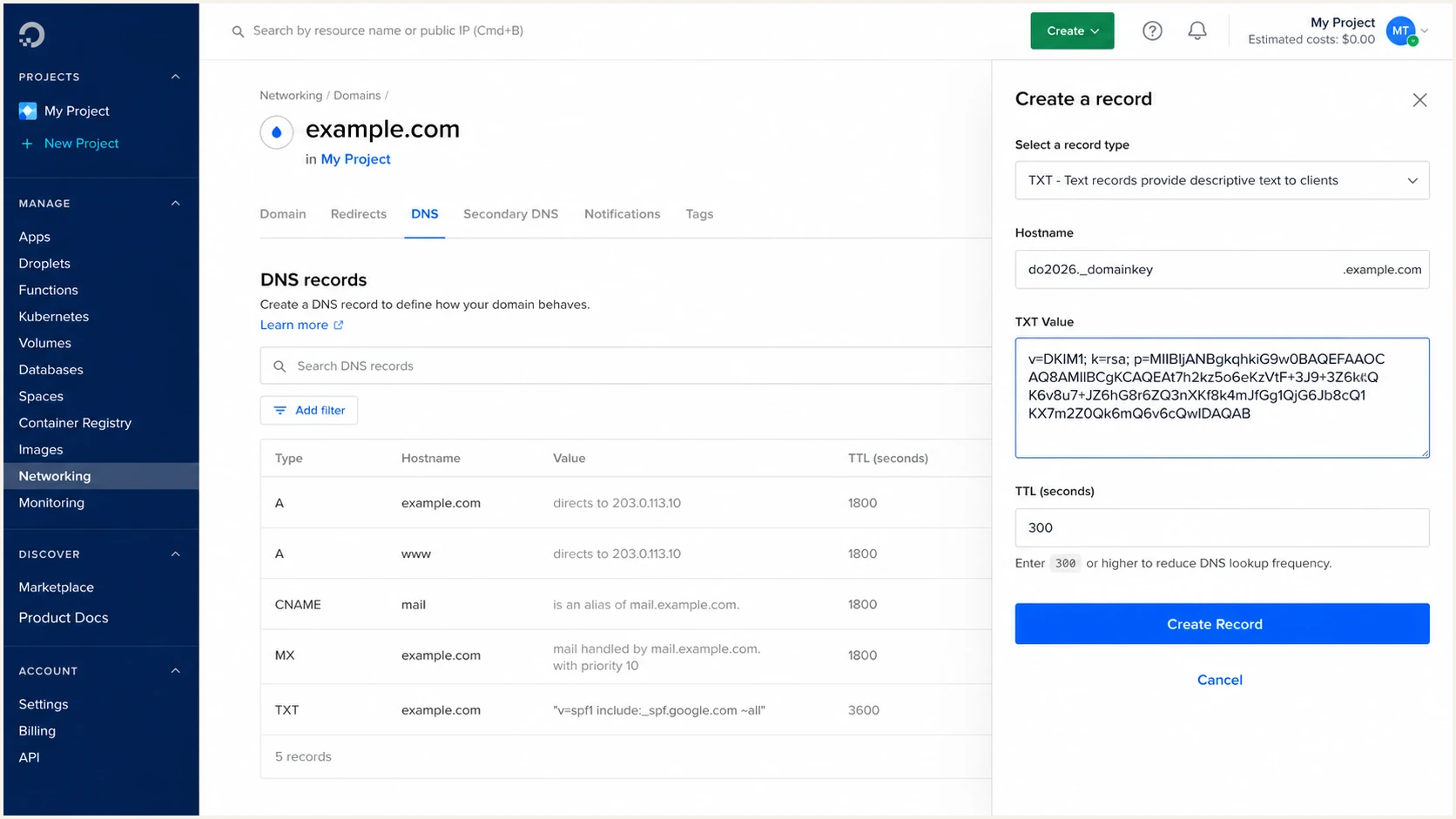 Adding a DKIM public key in DigitalOcean DNS