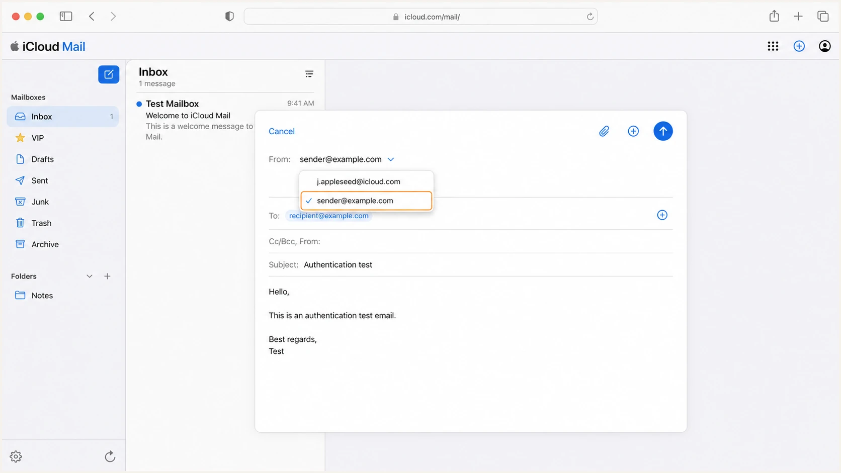 Selecting a custom domain address in Apple iCloud Mail