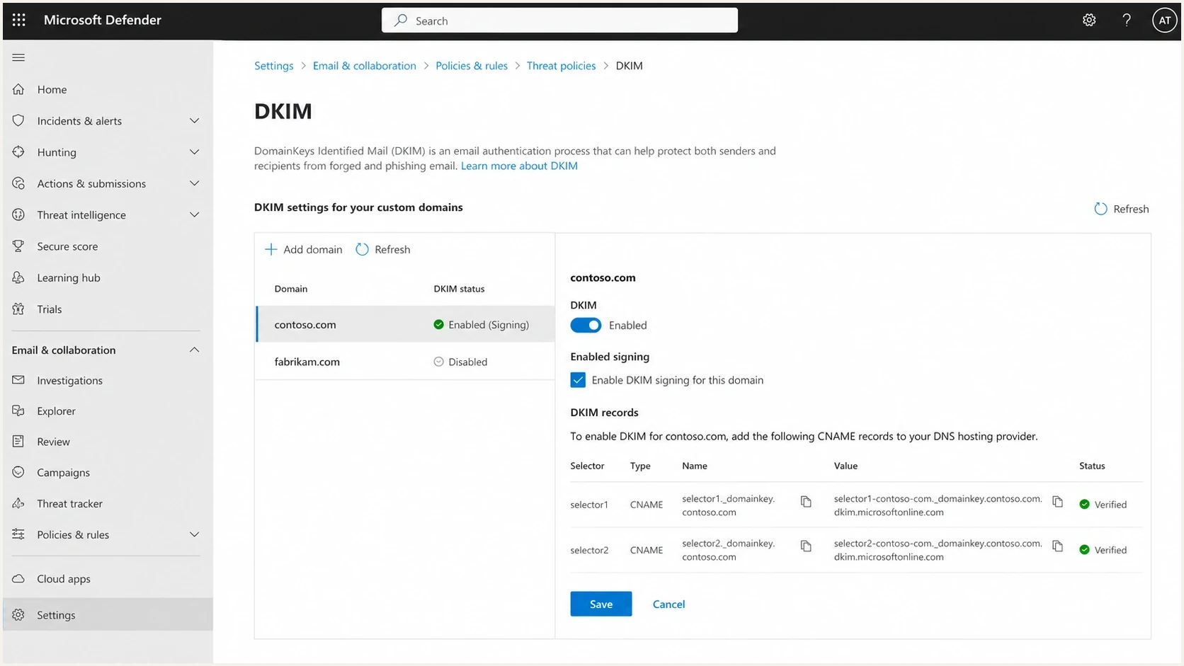 Microsoft Defender portal DKIM settings with selector CNAME records for a custom domain.