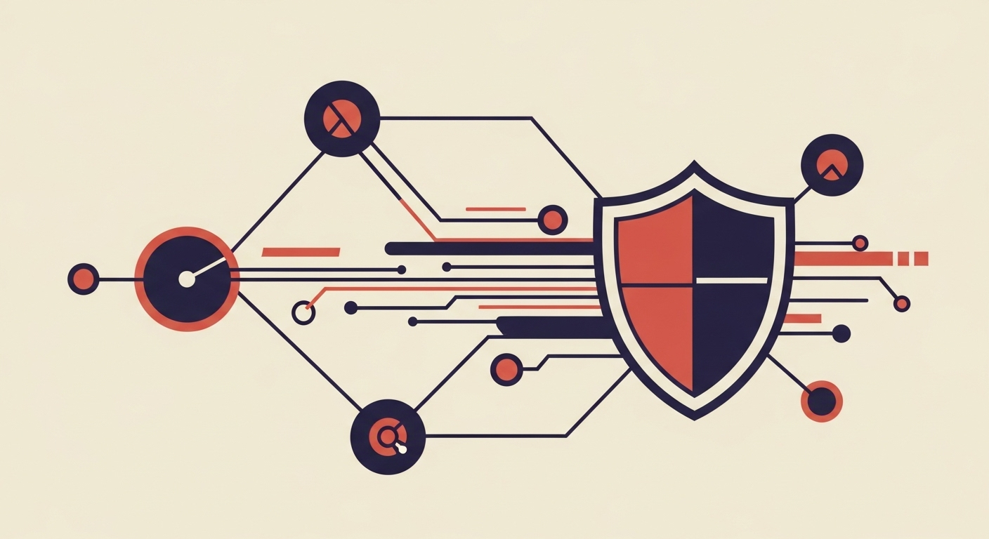 Abstract representation of secure data flow with a shield icon