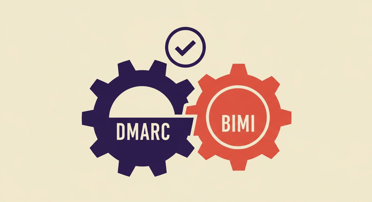 Illustration of DMARC and BIMI gears interlocking with a verified checkmark.