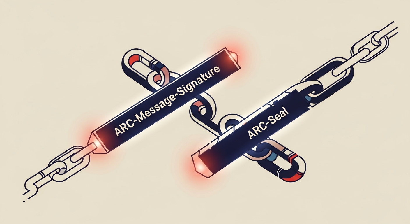 Stylised email headers ARC-Message-Signature and ARC-Seal as glowing digital chains, symbolizing cryptographic links.