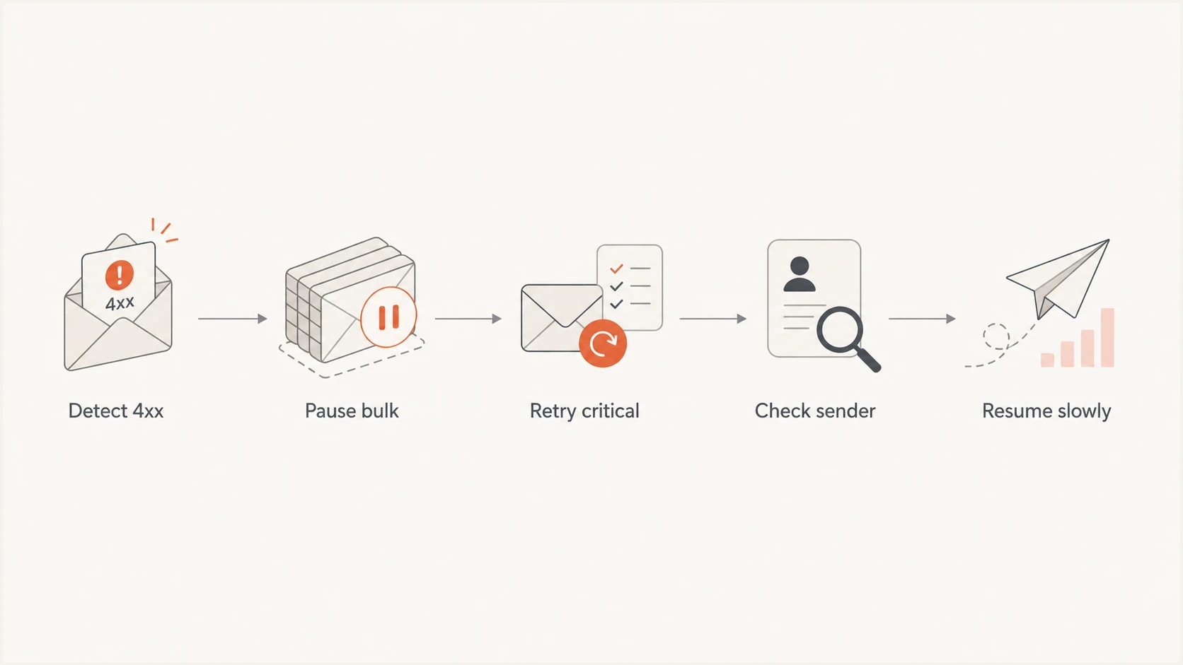 Flowchart for pausing bulk mail, retrying critical mail, checking sender setup, and resuming slowly.