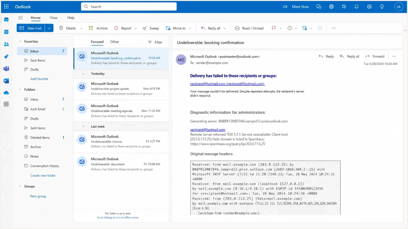 Microsoft Outlook on the web showing a bounce message with a Spamhaus-related SMTP rejection.