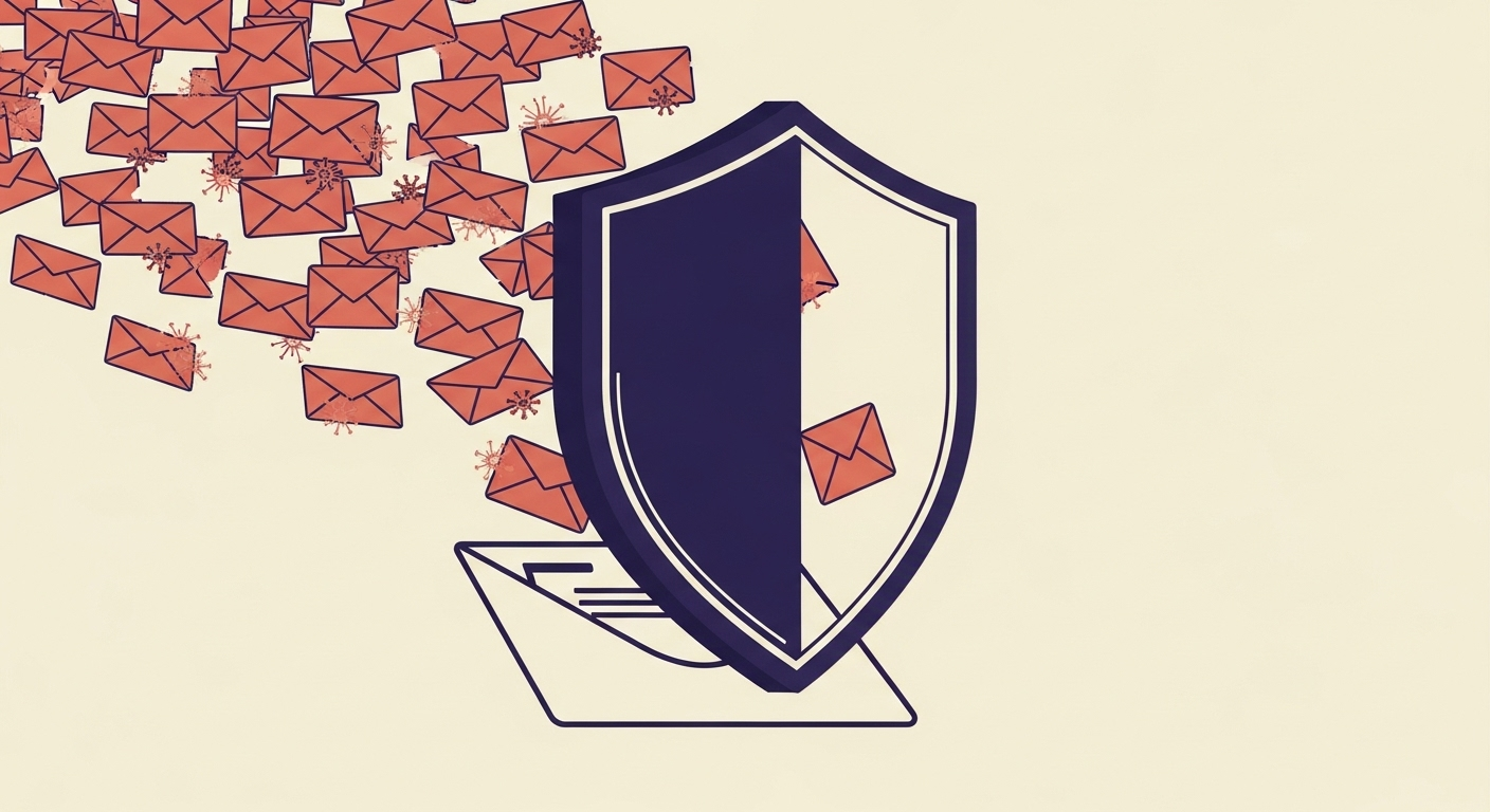 An illustration of a digital shield blocking replay attacks, symbolizing email security measures.