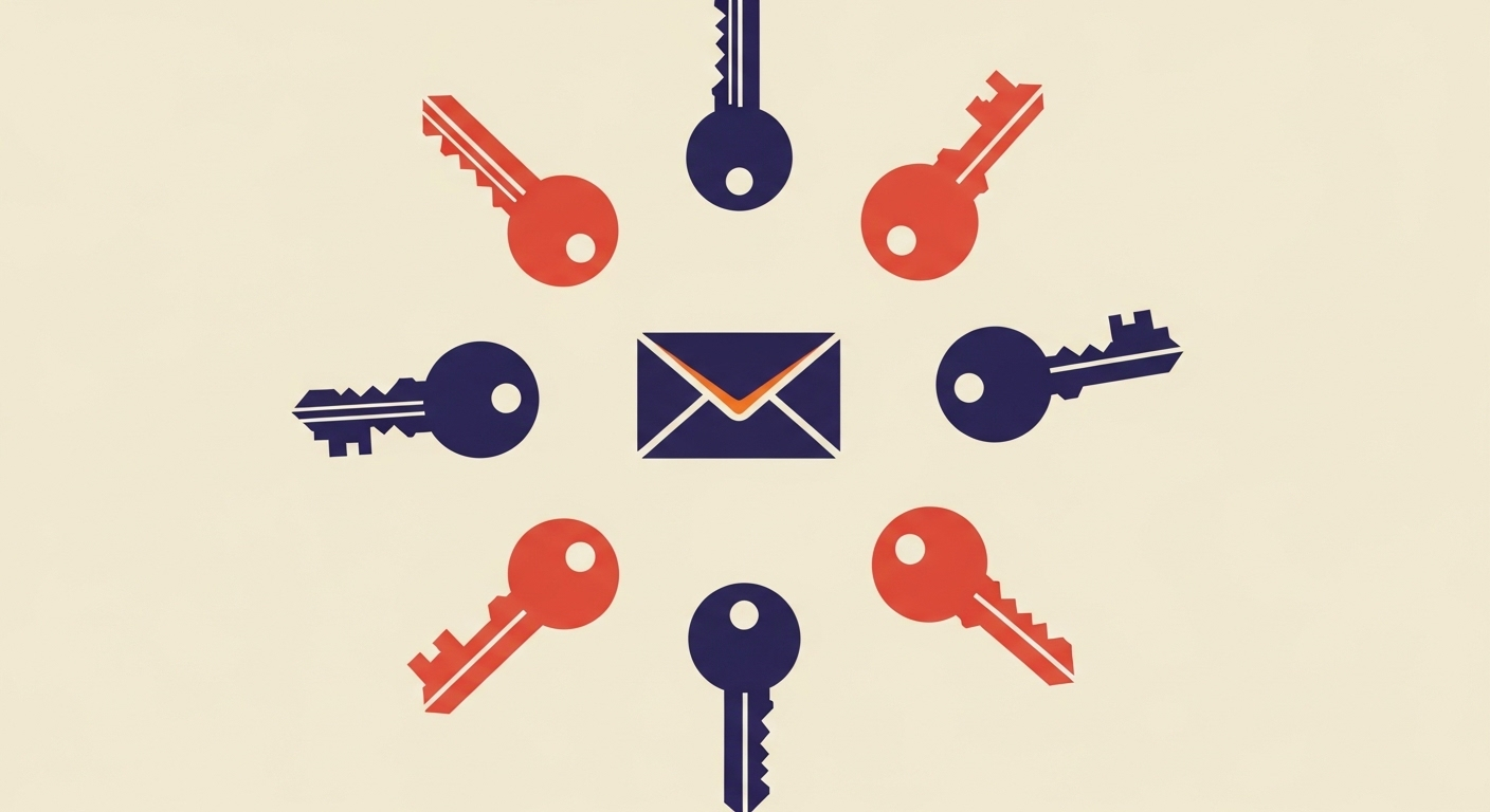 Abstract illustration of multiple keys rotating around an email icon