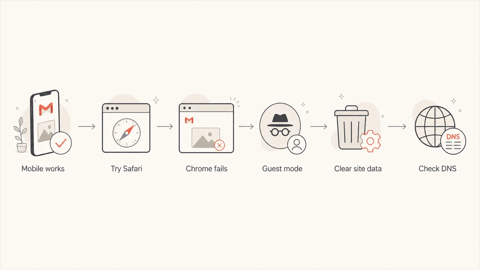 Flowchart for isolating Gmail webmail image failures to Chrome, cache, or DNS.