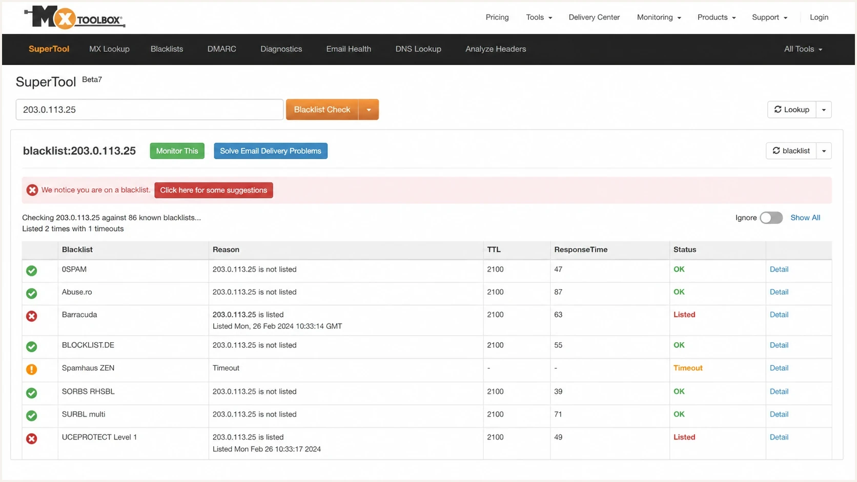 MXToolbox blacklist lookup screen showing an IP search and RBL result rows.