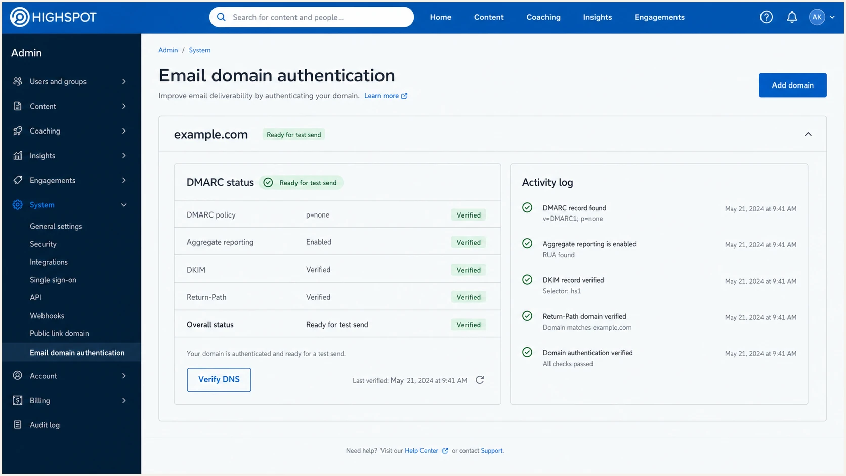 Highspot domain authentication status with DMARC monitoring ready.