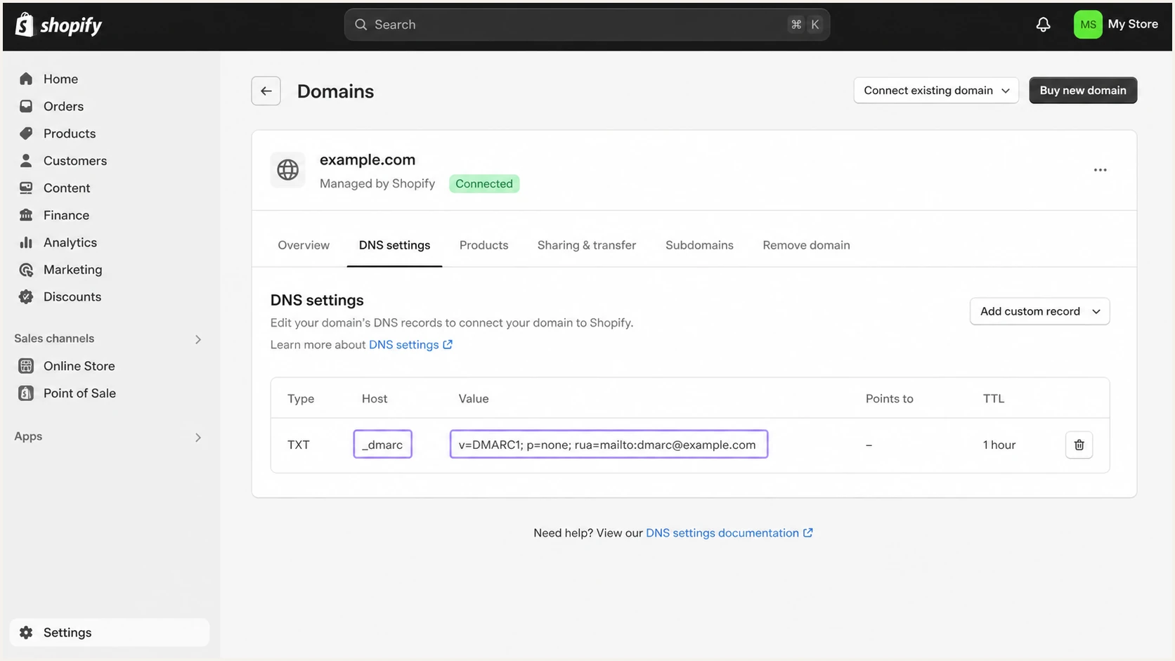 Shopify domain DNS settings showing one DMARC TXT record