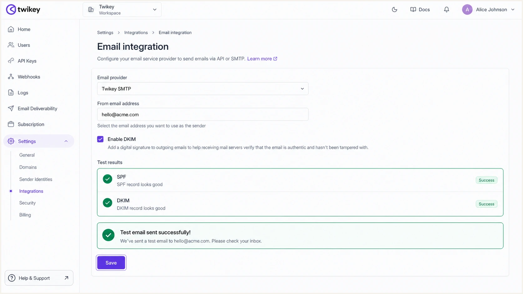 Successful SPF and DKIM test in Twikey