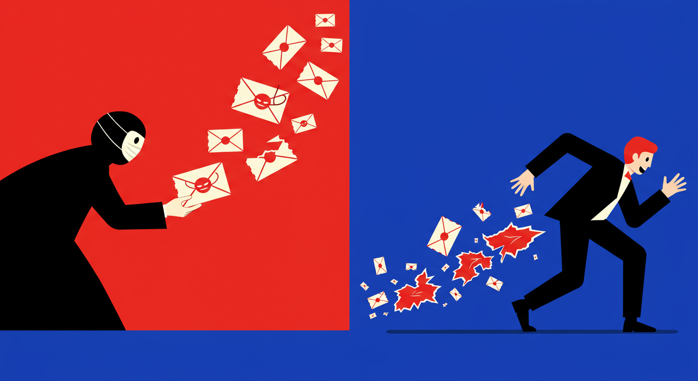 An illustration depicting a spammer spoofing an email address, causing backscatter to hit an innocent user.