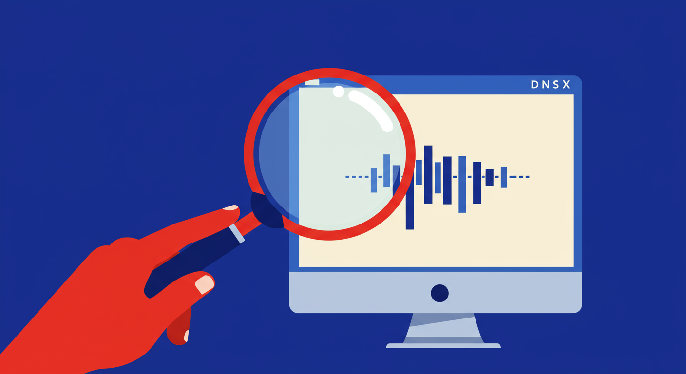 A minimalist retro illustration of a magnifying glass examining a DNS record on a computer screen. Dominant colors are bright poppy red and deep royal blue. Vector art, high contrast. No words or alphanumeric characters in the image.