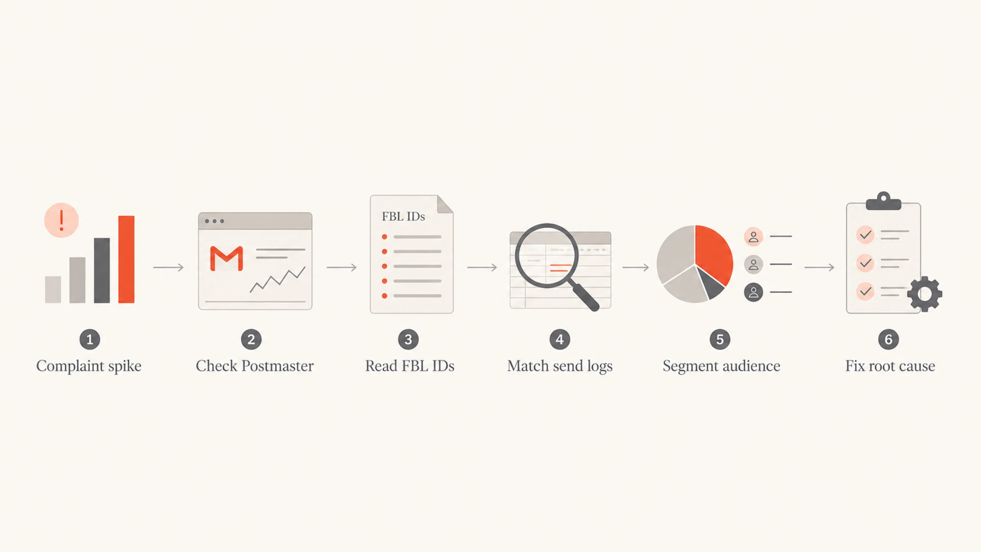 Complaint investigation flow from Postmaster data to root-cause fix.