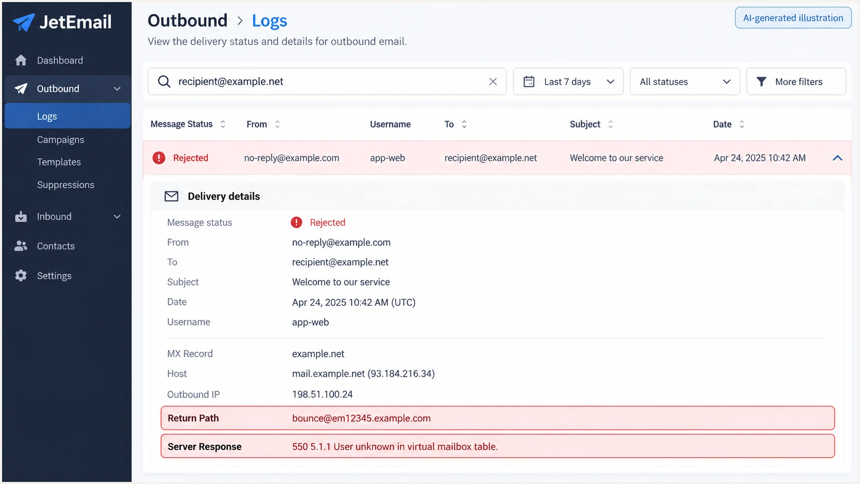 AI-generated JetEmail Logs illustration showing a recipient rejection and return-path details.