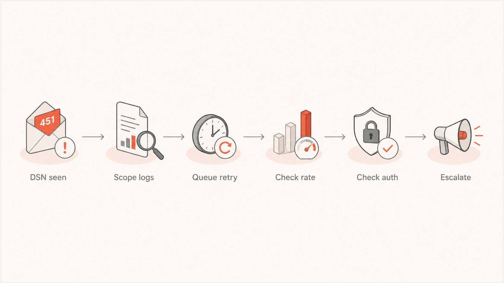 A flowchart showing how to scope, retry, and troubleshoot a Gmail 451 4.3.0 deferral.