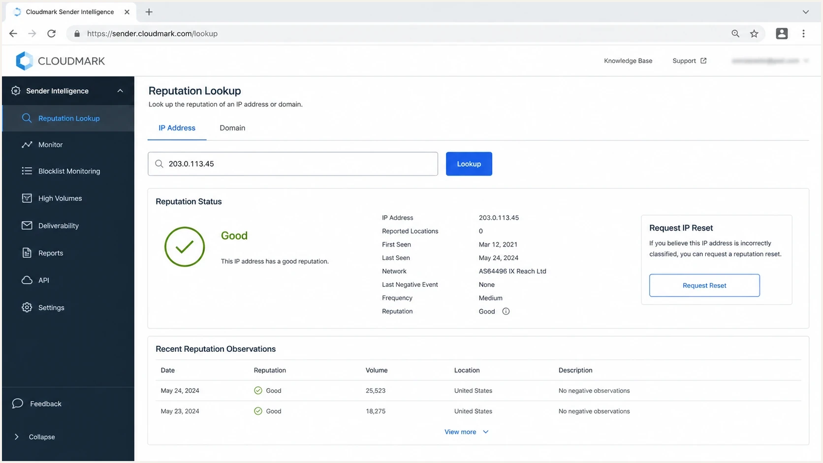 Cloudmark Sender Intelligence reputation lookup screen concept.