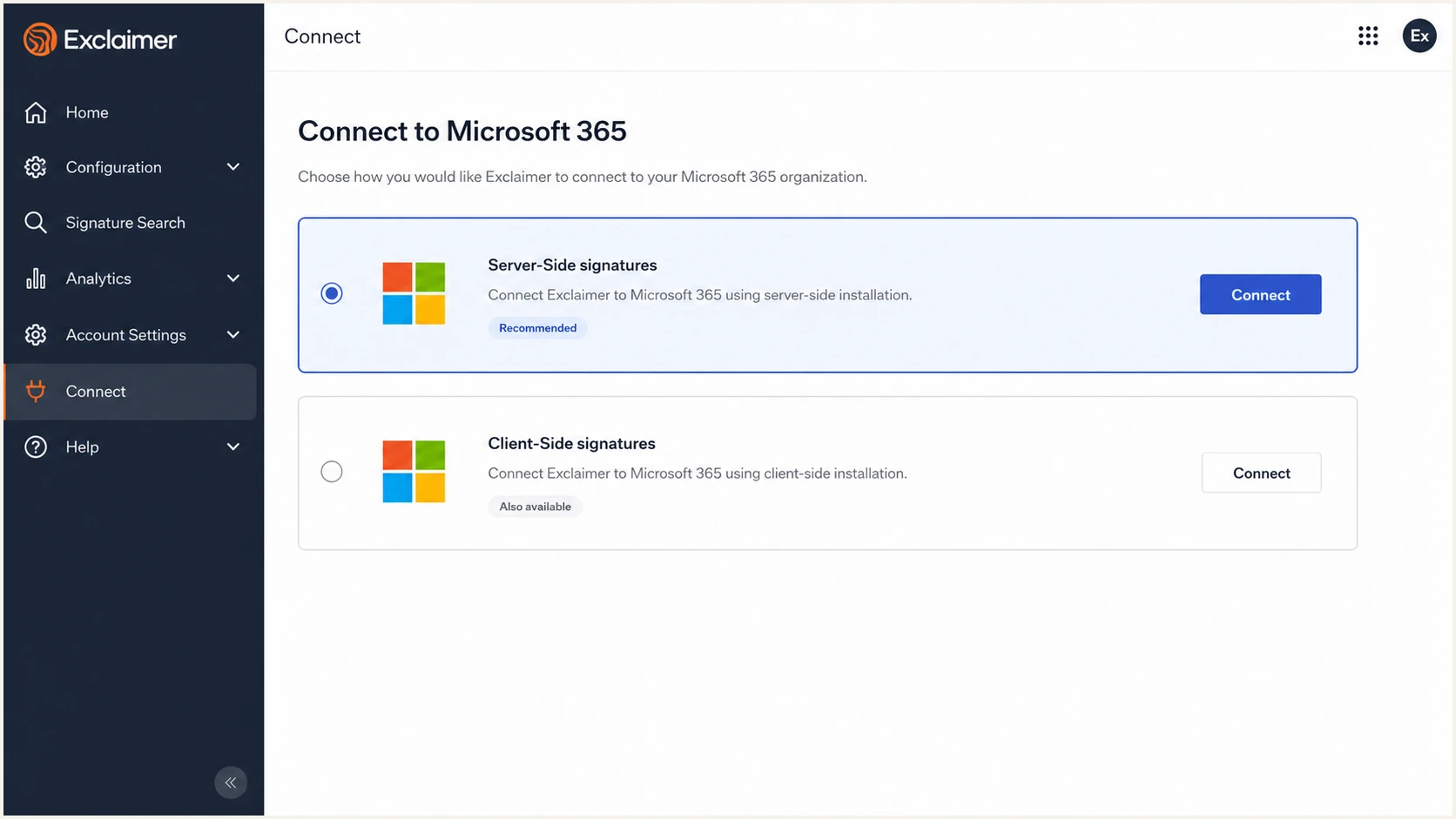 Exclaimer Connect screen for Microsoft 365 server-side signatures