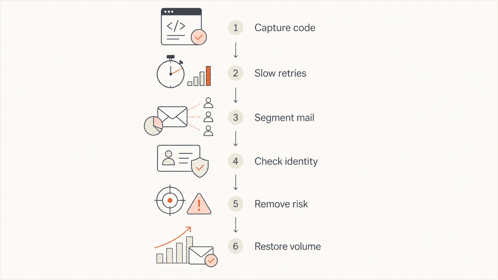 Flowchart for recovering from Microsoft 451 IP reputation rate limiting.
