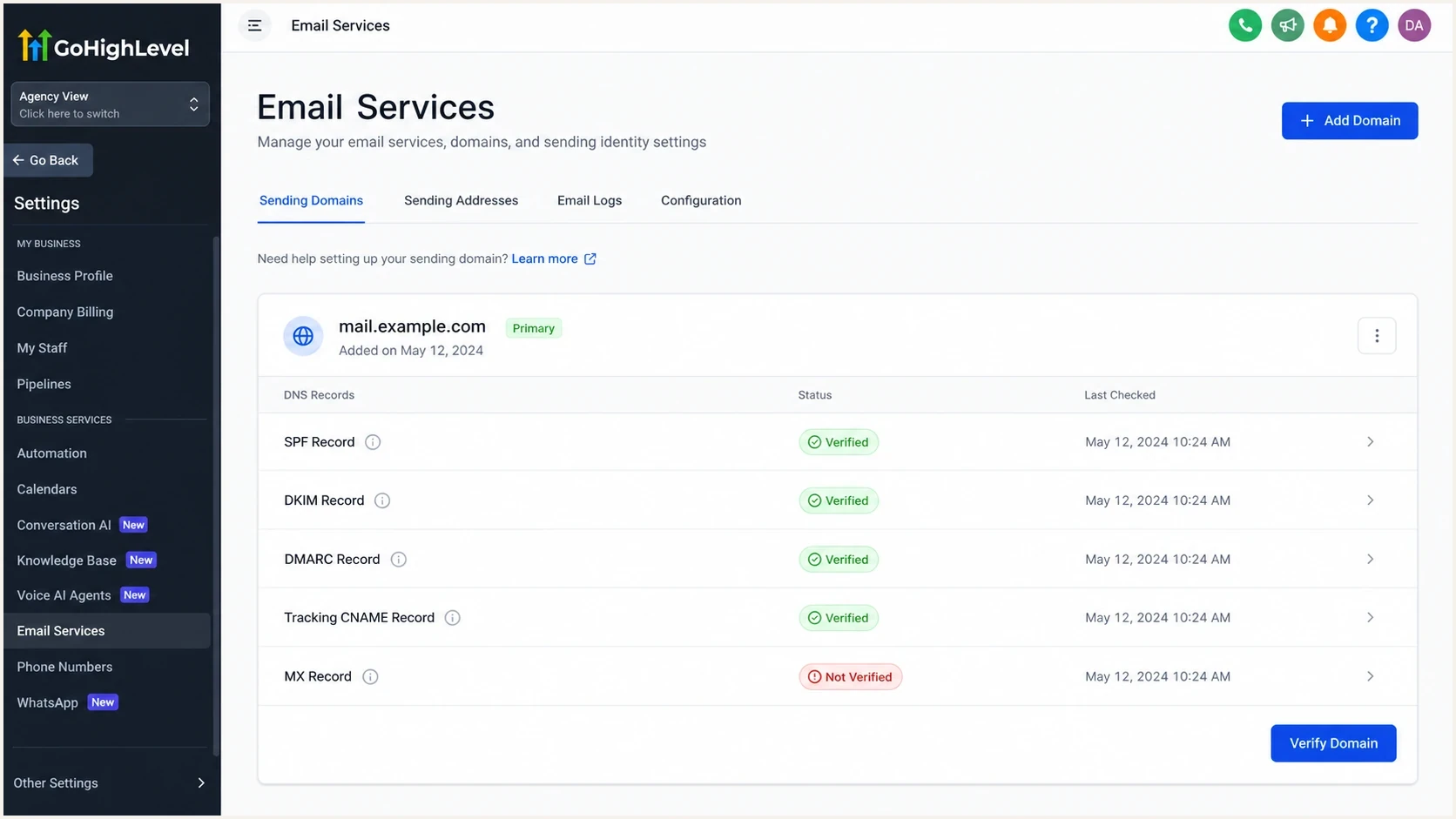 GoHighLevel email services settings screen with sending domain DNS status rows.