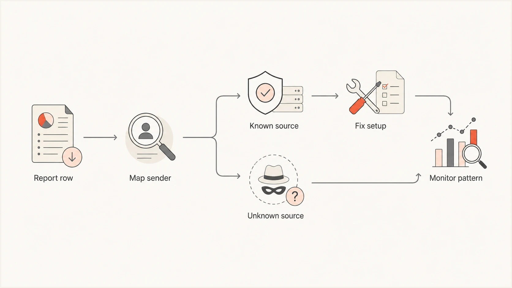 Flowchart showing DMARC report triage from report row to sender mapping, fixes, and monitoring.