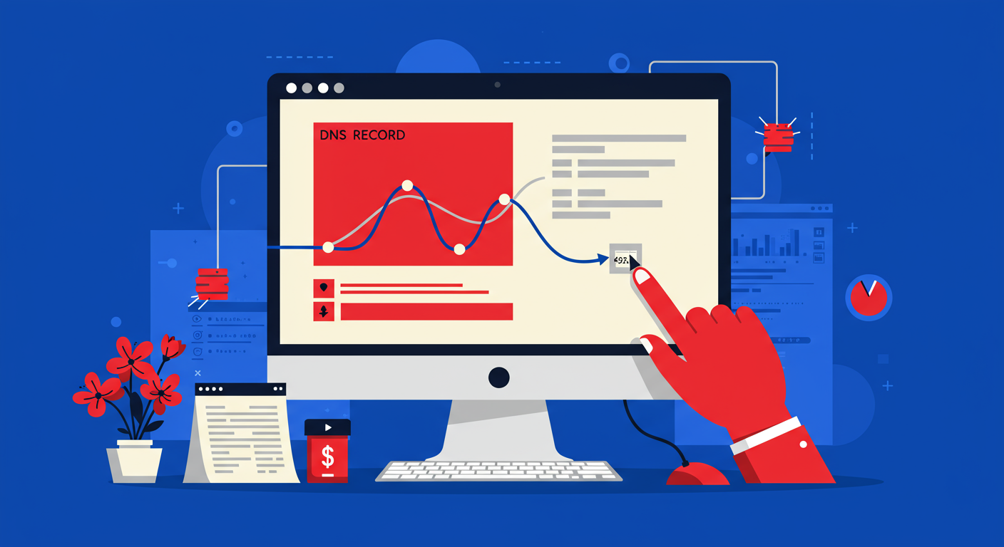 A minimalist illustration of a DNS record being configured on a computer screen, with lines and text representing data entry. The style of the images should be A minimalist retro illustration in the style of Malika Favre. Dominant colors are bright poppy red and deep royal blue. Vector art, high contrast. Do not put any words in the image or alphanumeric characters.