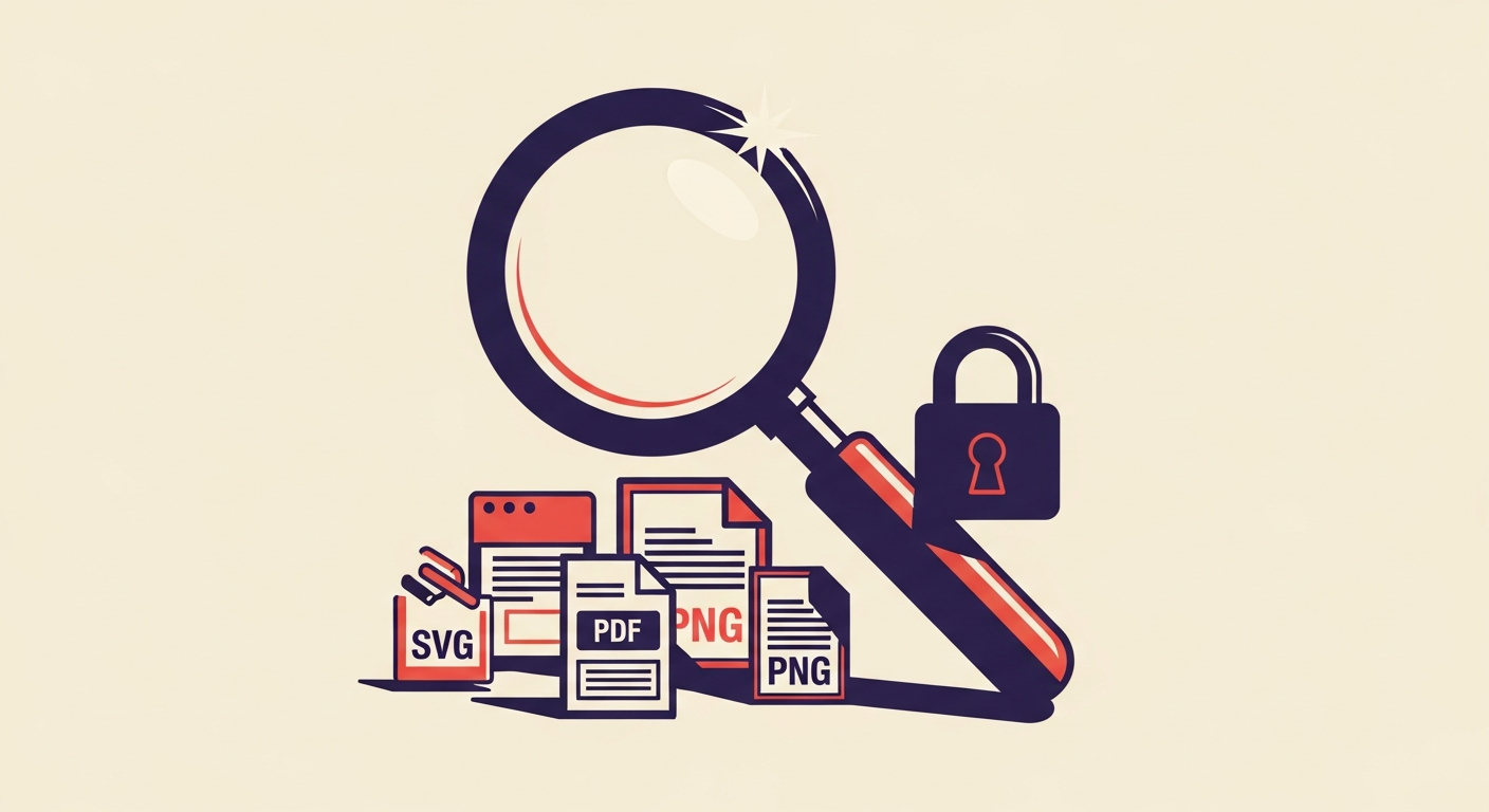 Magnifying glass inspecting secure SVG logo files for BIMI