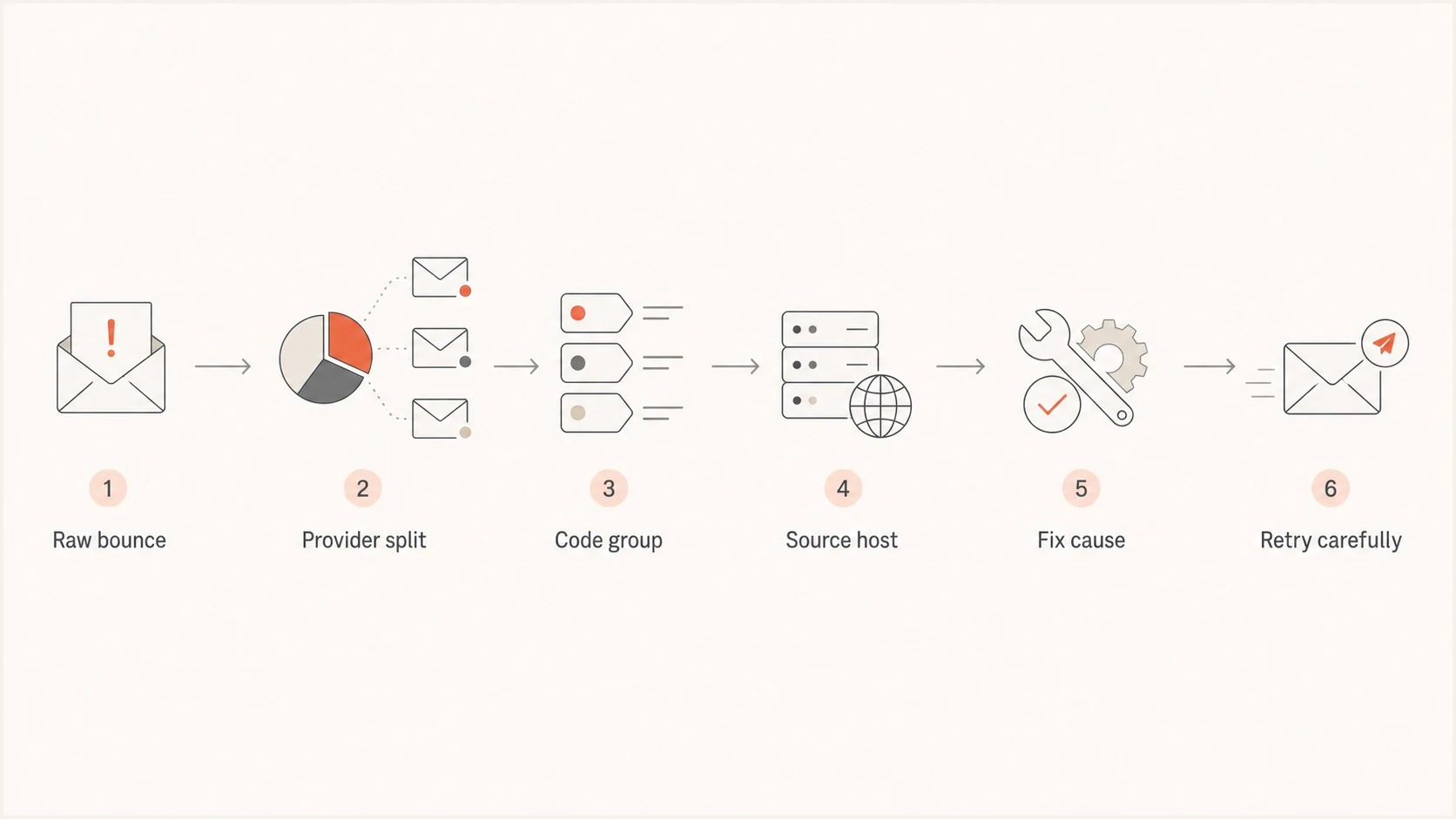 SMTP soft bounce troubleshooting flowchart from raw reply to careful retry.