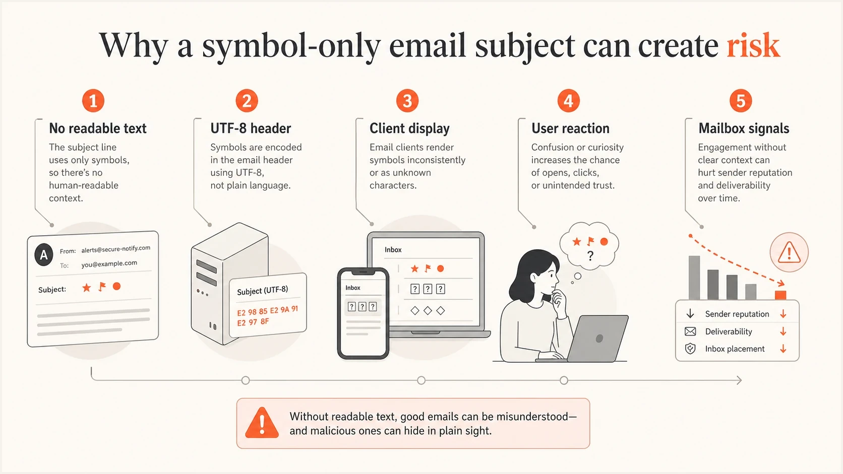 Infographic showing how symbol-only subjects create filtering and display risk