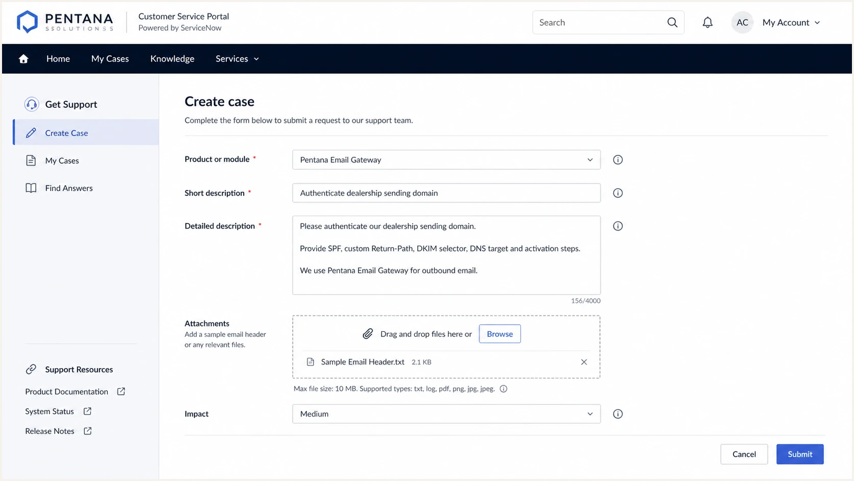 Pentana Solutions support case requesting domain authentication values